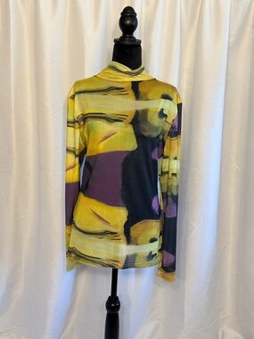 Abstract Colorblock Long-Sleeve Turtleneck Top - Yellow & Purple